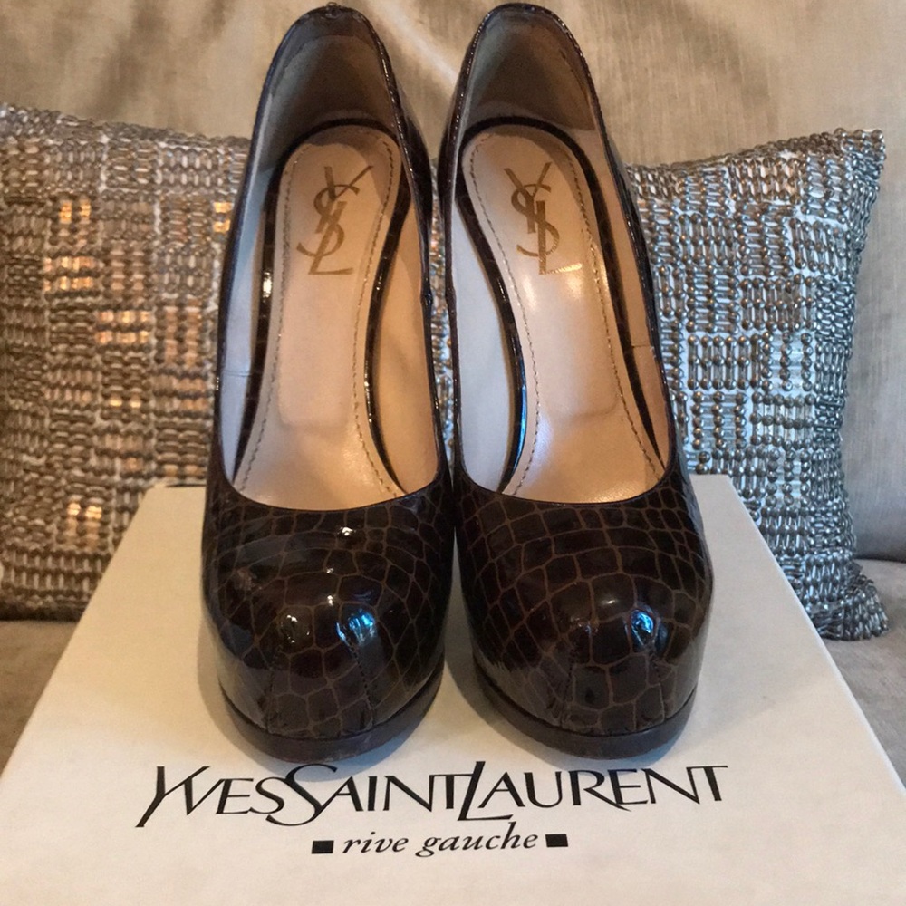 YSL Tribute brown patent leather croc pump